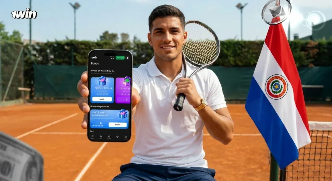 Tenista en una cancha de polvo de ladrillo muestra la sección de bonos de 1win en su celular junto a la bandera de Paraguay